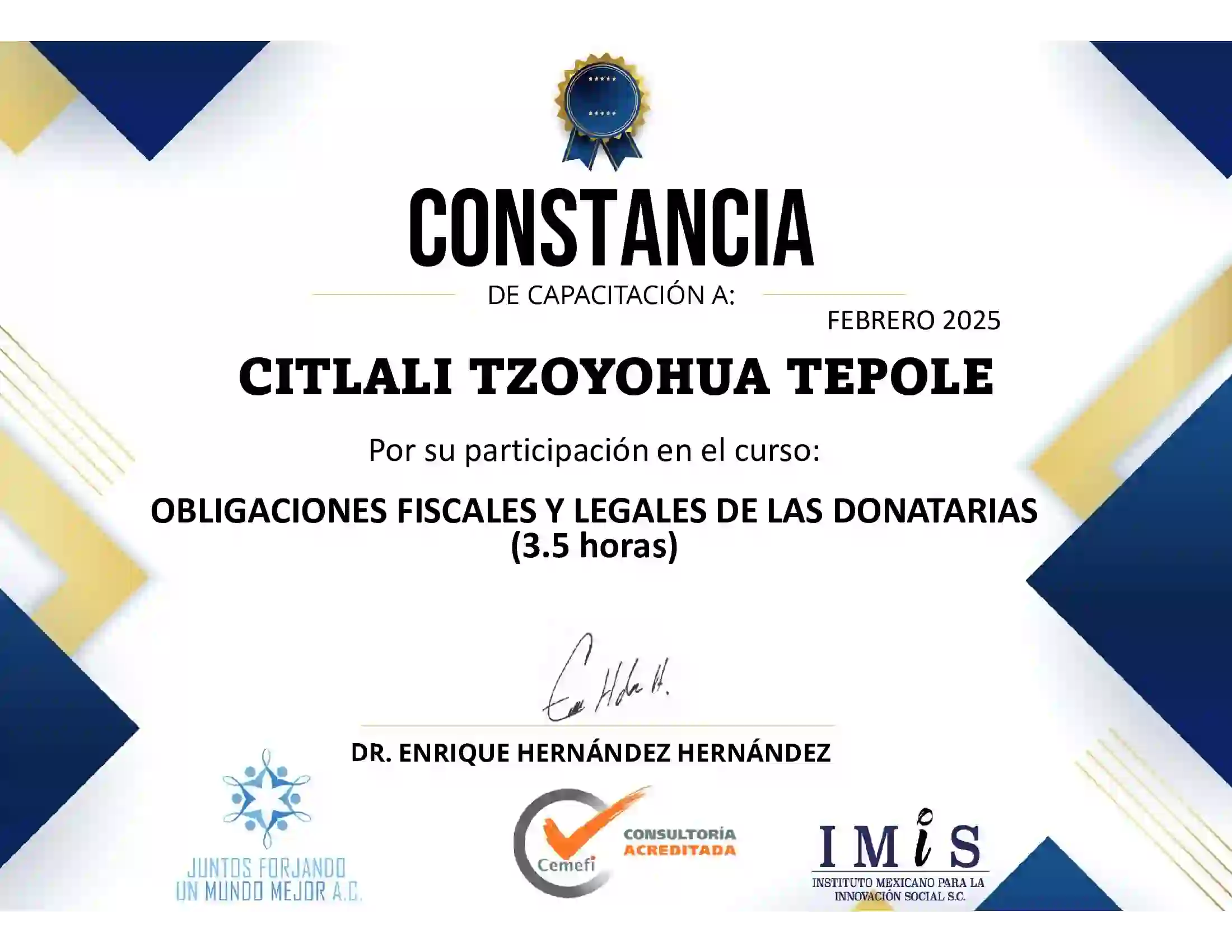 Constancia: Obligaciones fiscales y legales de las donatarias